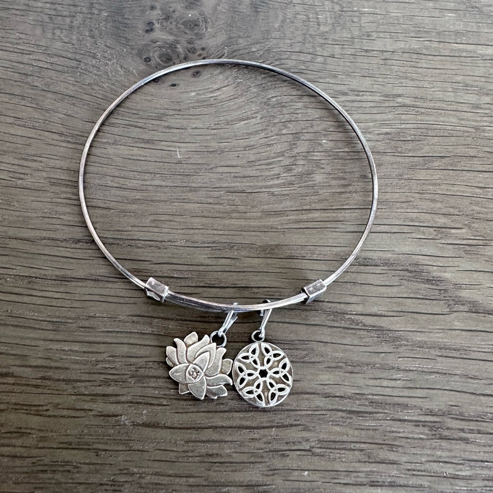 Alex and Ani Sterling Silver Adjustable Charm Bracelet w Lotus & Wisdom Charms